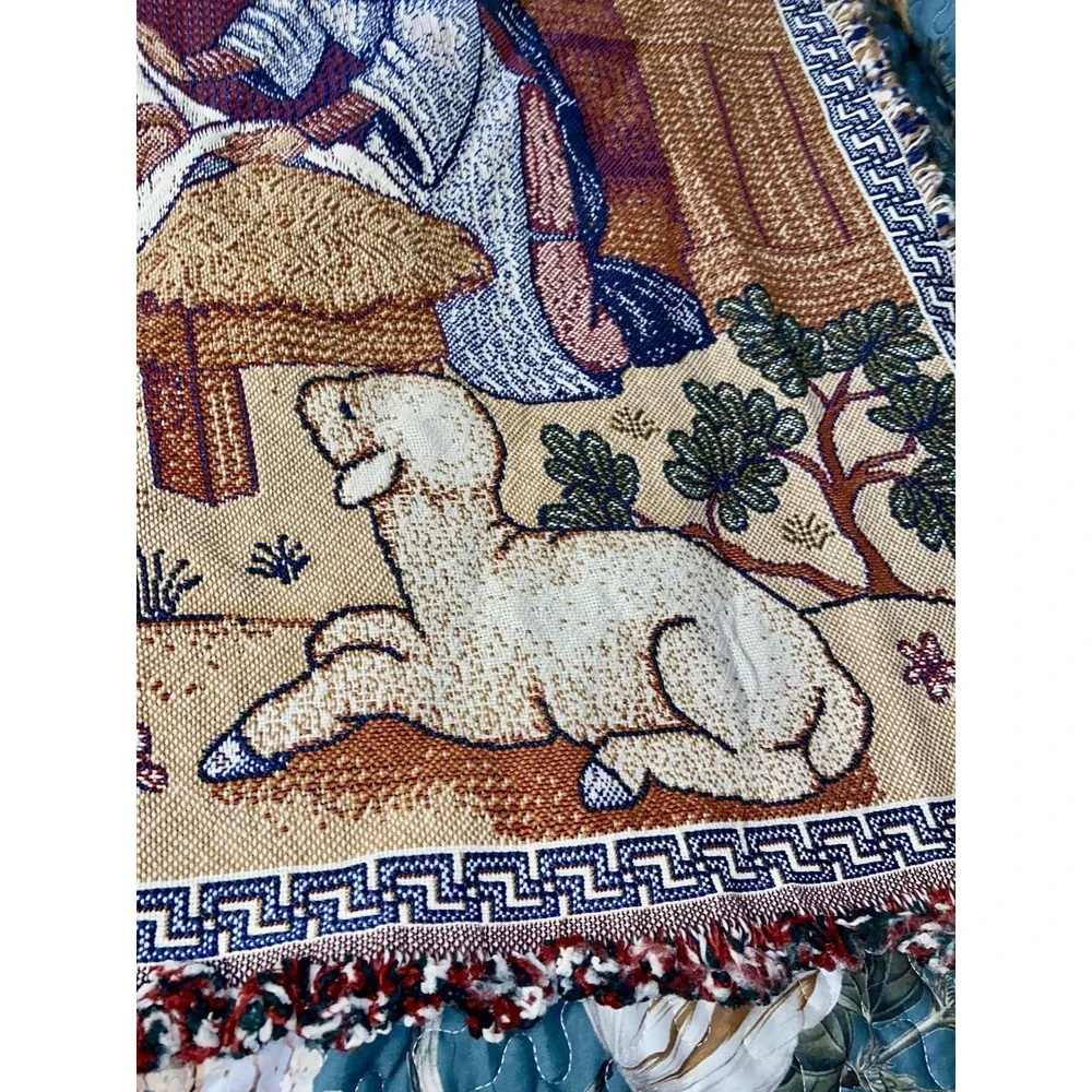 Vtg USA Woven Nativity Tapestry Throw Blanket Mary Joseph Jesus Christmas **